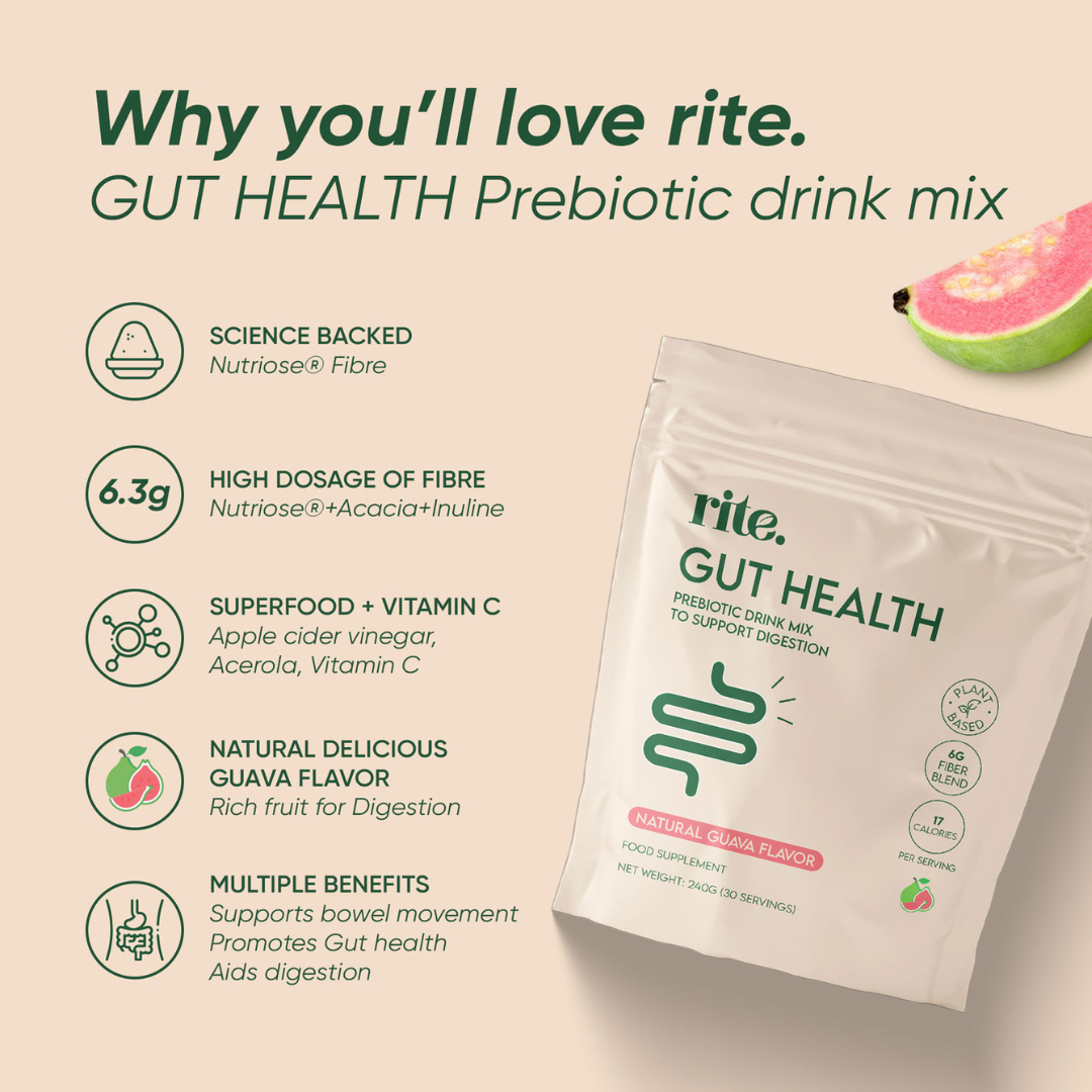 GUT HEALTH Prebiotic – No Bloating Anymore – Wellness Drink Mix for Digestion by rite. – 30 Servings – Natural Guava & Peach flavours | No After-Taste | Easy to Drink & Delicious – Gut Health Supplements – Apple Cider Vinegar – The Angel Method