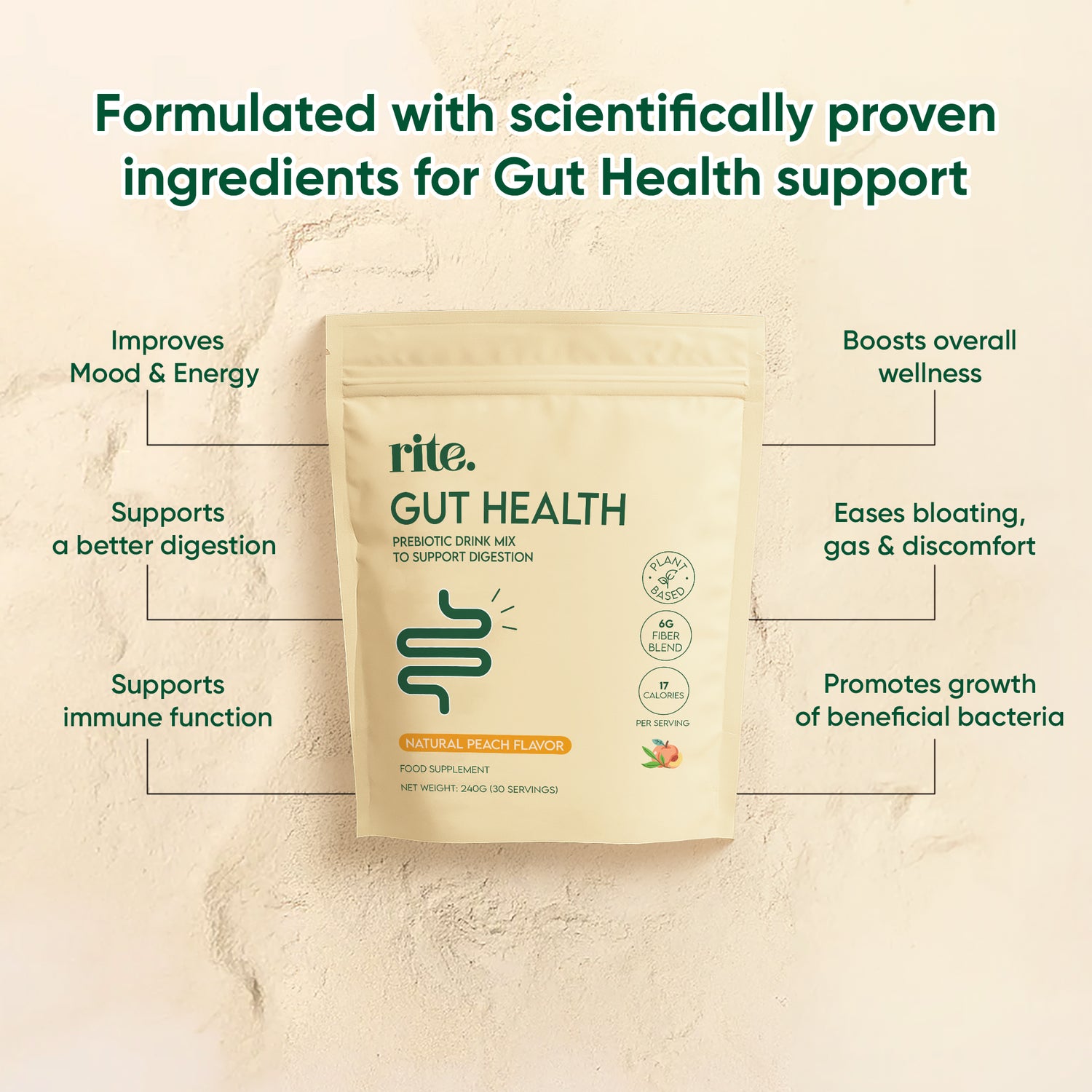GUT HEALTH Prebiotic – No Bloating Anymore – Wellness Drink Mix for Digestion by rite. – 30 Servings – Natural Guava & Peach flavours | No After-Taste | Easy to Drink & Delicious – Gut Health Supplements – Apple Cider Vinegar – The Angel Method