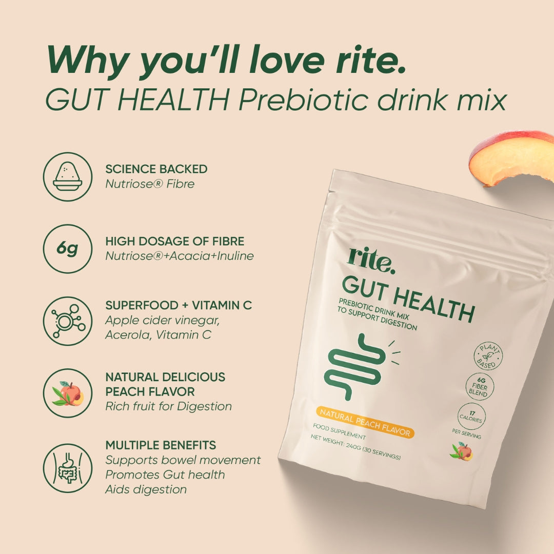 GUT HEALTH Prebiotic – No Bloating Anymore – Wellness Drink Mix for Digestion by rite. – 30 Servings – Natural Guava & Peach flavours | No After-Taste | Easy to Drink & Delicious – Gut Health Supplements – Apple Cider Vinegar – The Angel Method