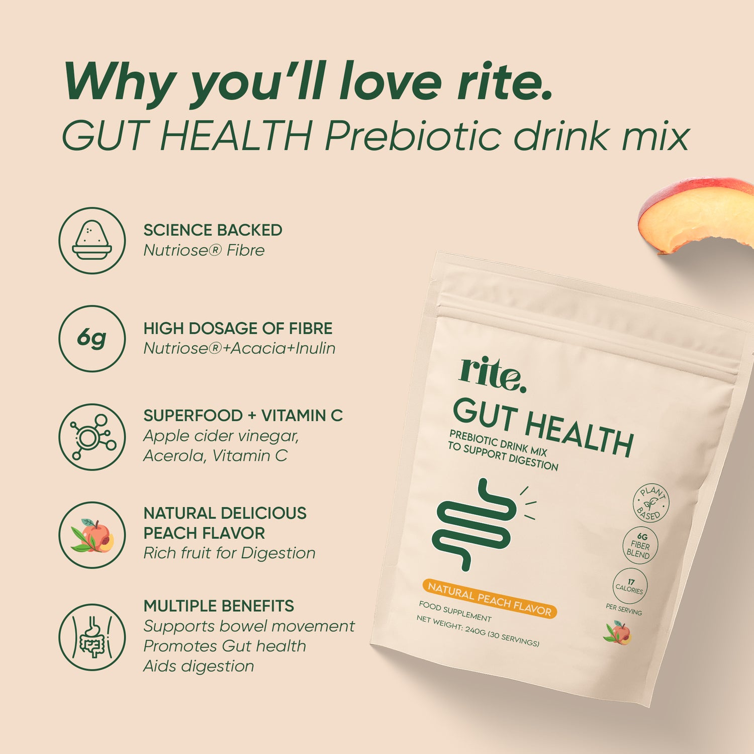 GUT HEALTH Prebiotic – No Bloating Anymore – Wellness Drink Mix for Digestion by rite. – 30 Servings – Natural Guava & Peach flavours | No After-Taste | Easy to Drink & Delicious – Gut Health Supplements – Apple Cider Vinegar – The Angel Method