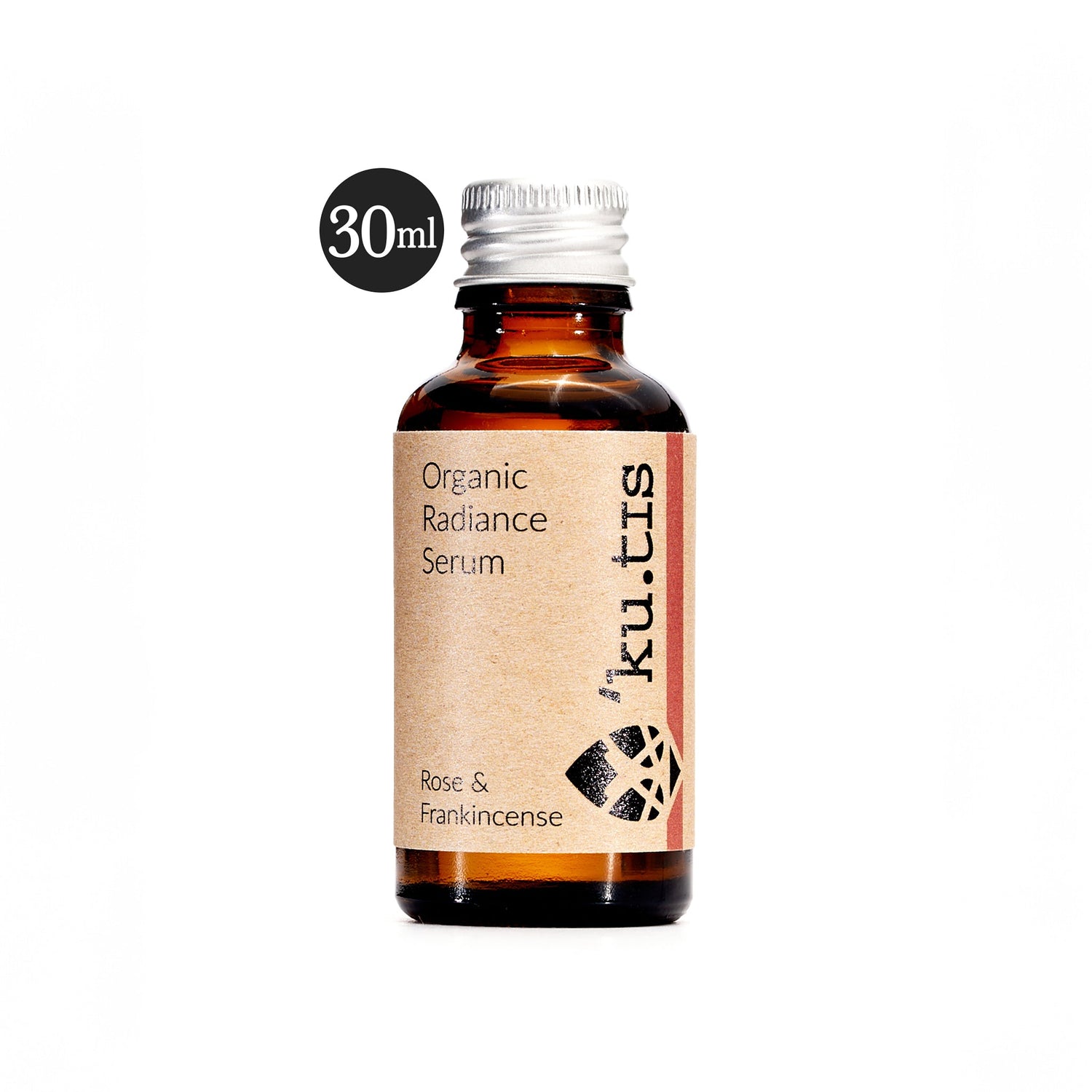 Natural organic radiance rose and frankinscense face oil serum in a glass bottle with aluminium cap