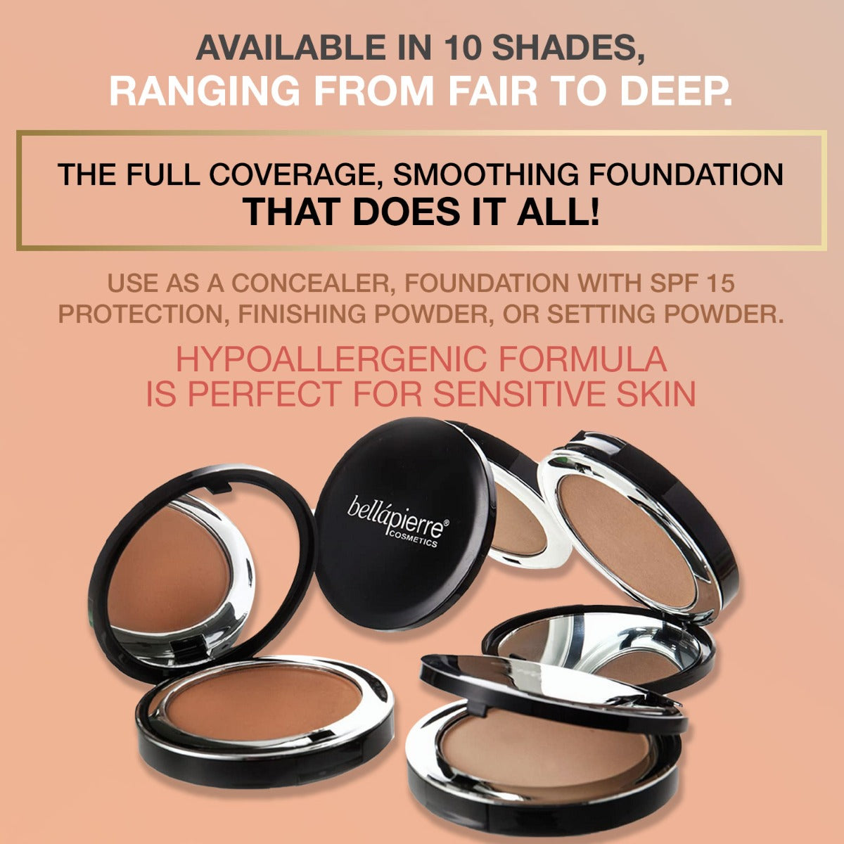 bellapierre Compact Mineral Foundation. 5-in-1 for Flawless Compexion. Certified All Natural and Vegan. SPF 15. TrueSkinity